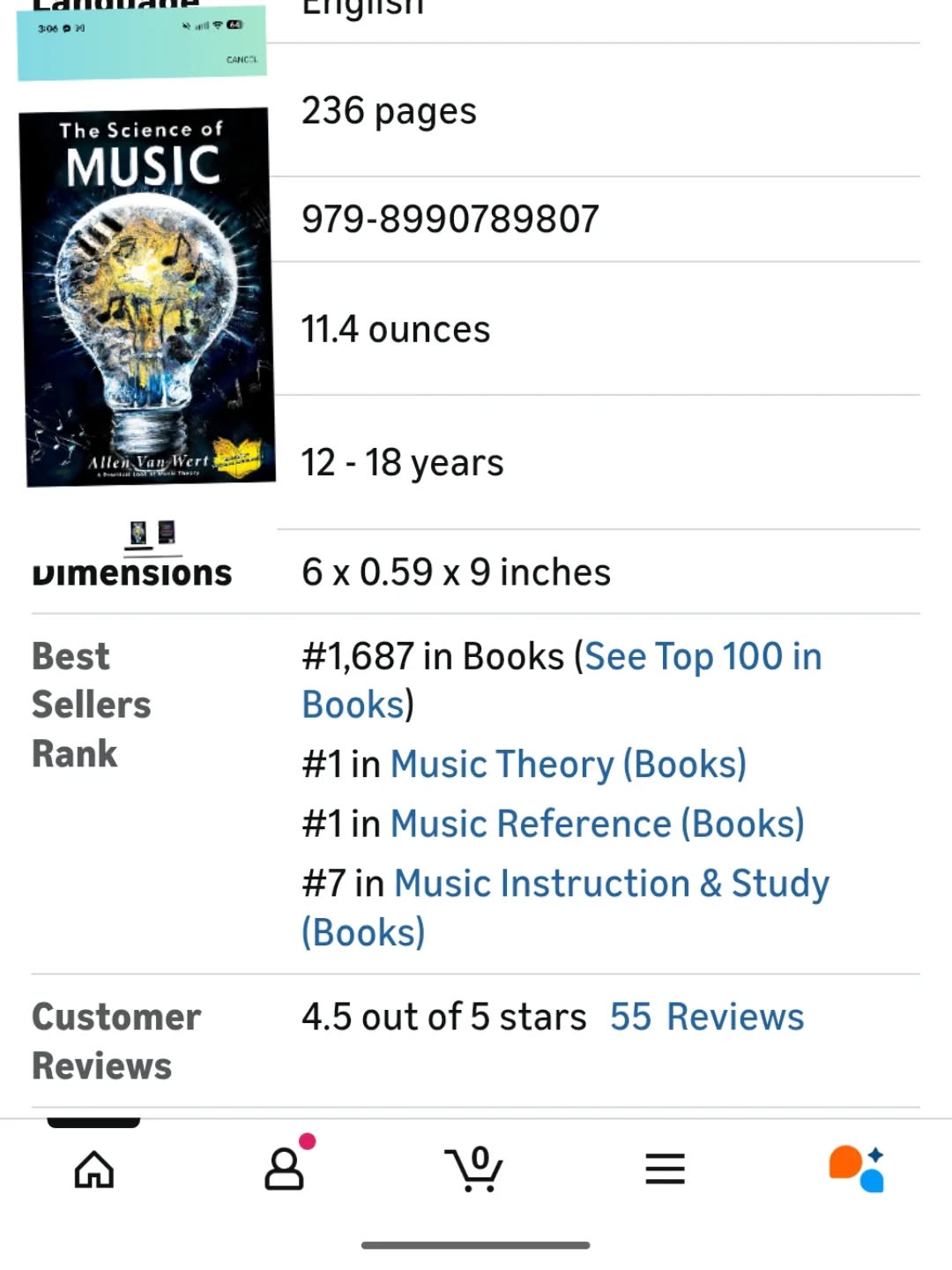 Amazon Product Details showing Best Sellers Rank #1,800 in Books, #1 in Music Theory, #1 in Music Reference